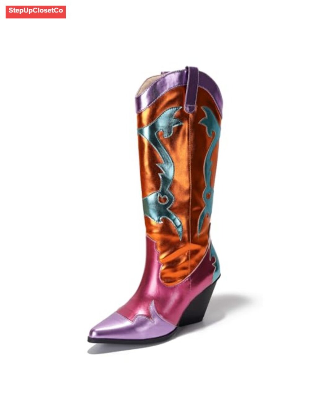 Metallic Faux Leather Pointed Toe Mid-Calf Western Boots 3-Inch Heel